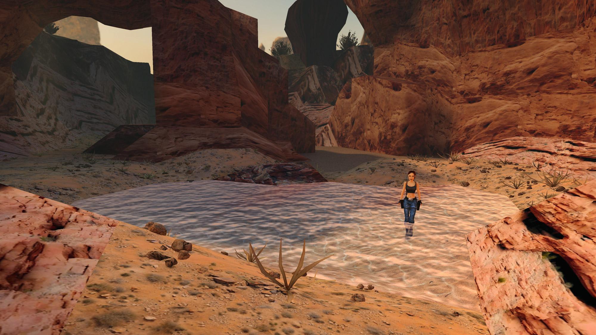 Lara Croft running through a puddle in the Nevada Desert.