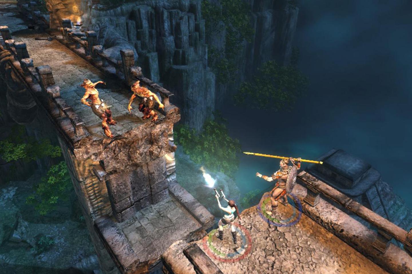 A strategic combat scenario from a Tomb Raider game with characters engaging enemies on a stone bridge above a gorge, under the glow of magical artifacts.