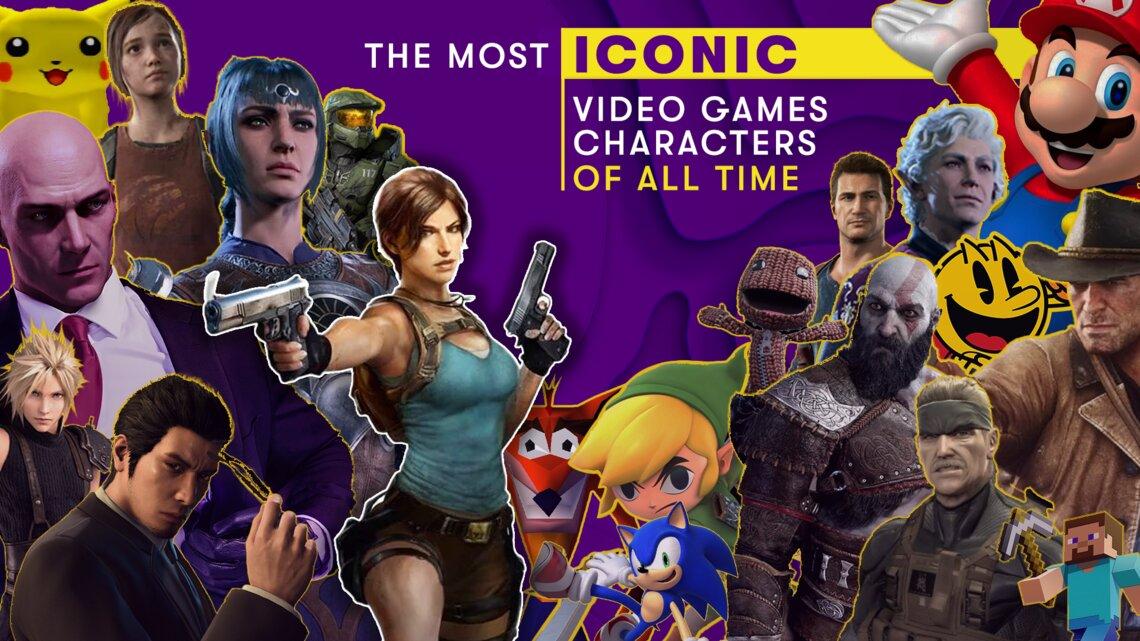 A collage of iconic video game characters including Lara Croft. text says: "The Most Iconic Video Game Characters of All Time."