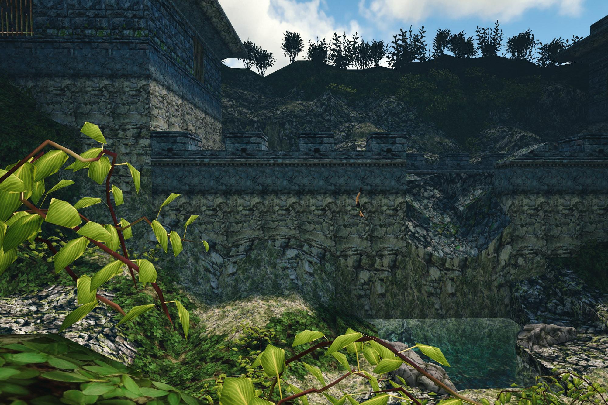 Lara Croft swandiving from the top of a Great Wall guardhouse into a lake.