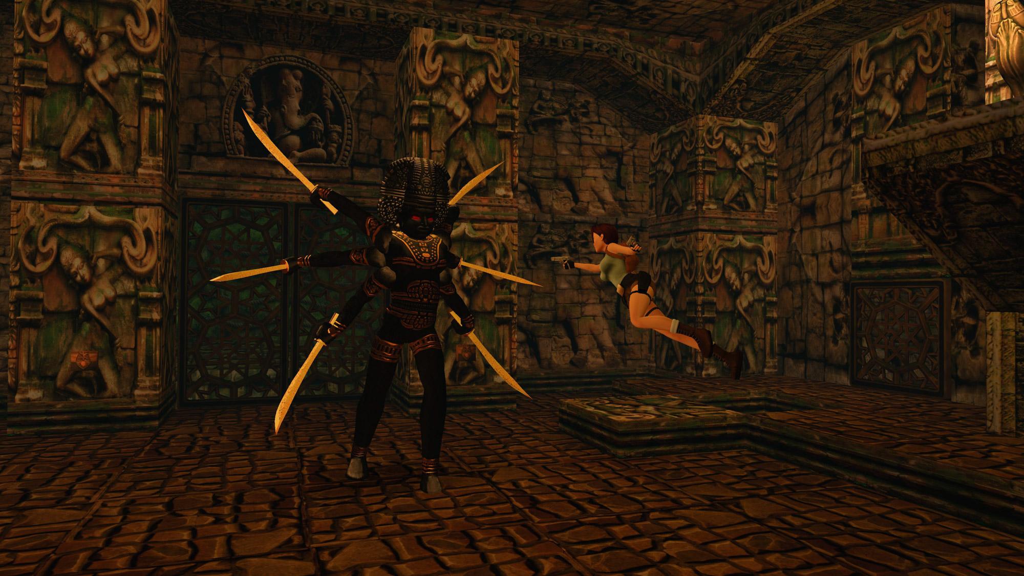 Lara Croft fighting the Shiva statue in Temple Ruins.