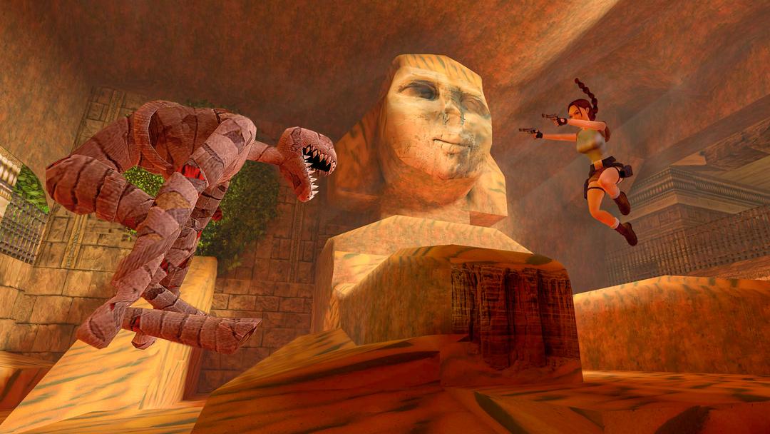 A screenshot of Lara Croft fighting a mummy in Tomb Raider I-III Remastered.
