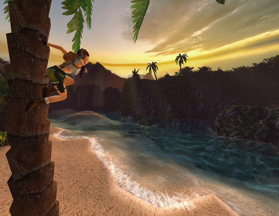 Photo Mode screenshot of Lara Croft jumping from a palm tree in Tomb Raider I-III Remastered.