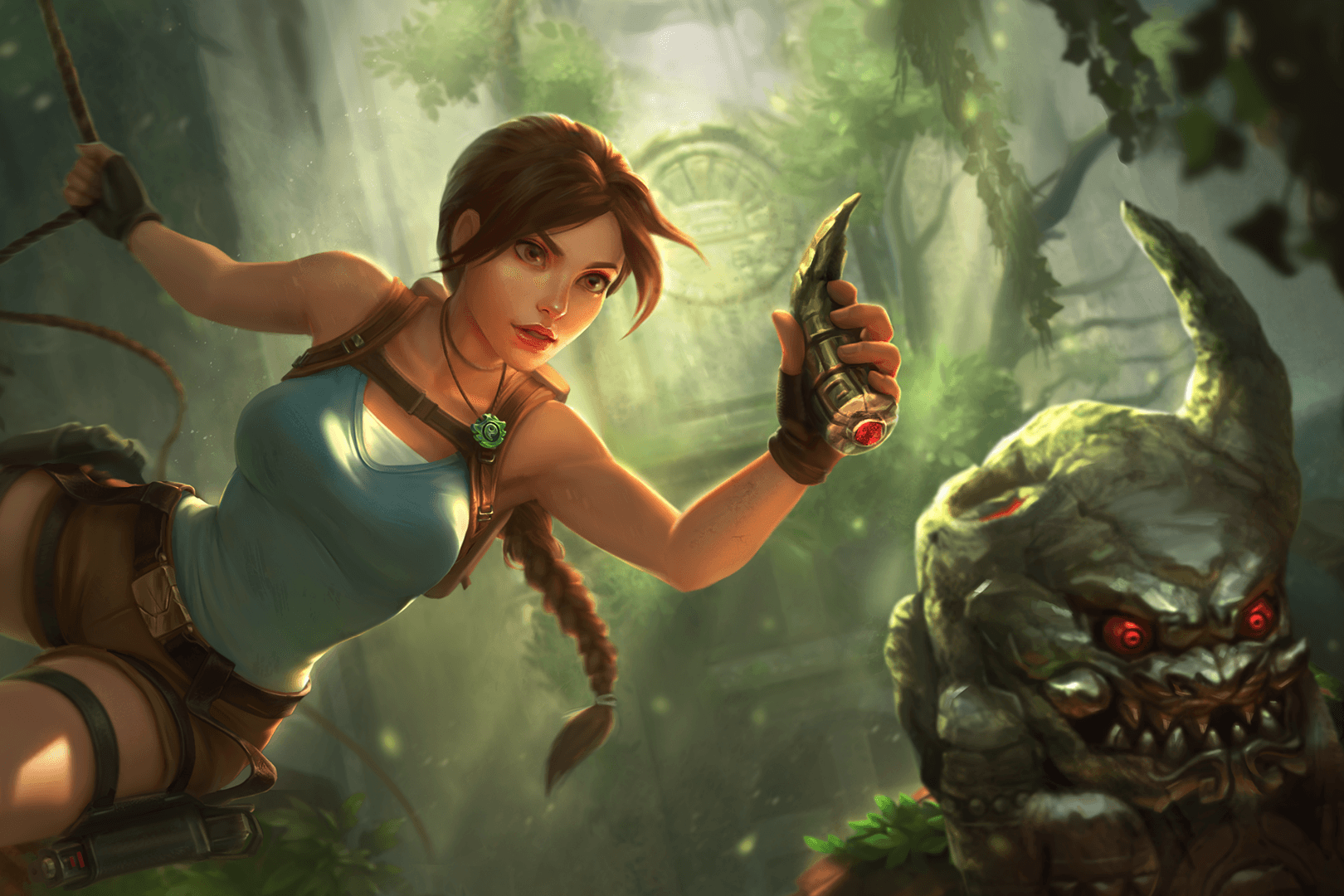 Lara Croft from Tomb Raider reaches for an artifact.