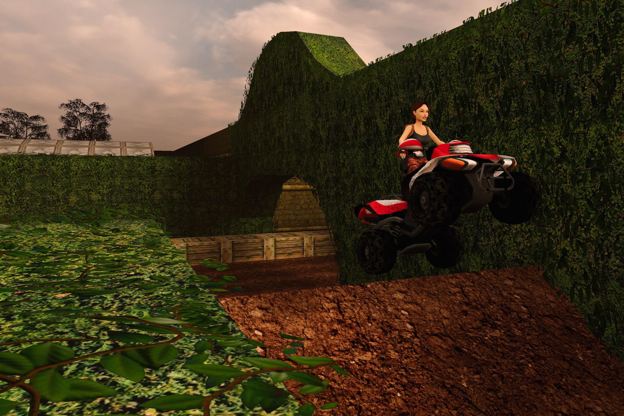 Lara jumping over a slope on a quad bike in the Croft manor's racetrack