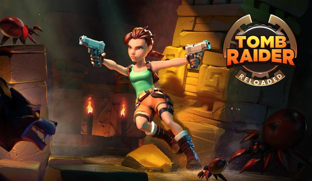 A dynamic promotional image of Lara with dual pistols in a crouched position, set against a backdrop of flames and giant spiders, for "Tomb Raider Reloaded."
