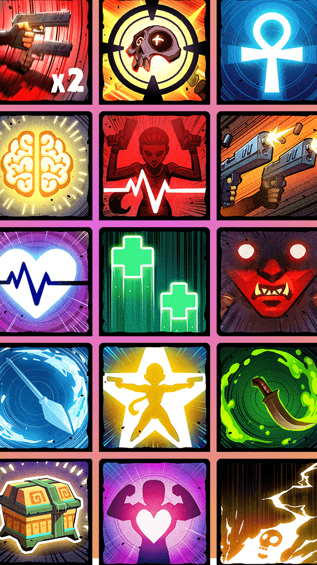 A collection of vibrant, illustrated icons representing various power-ups and abilities, each with unique symbols and colors.