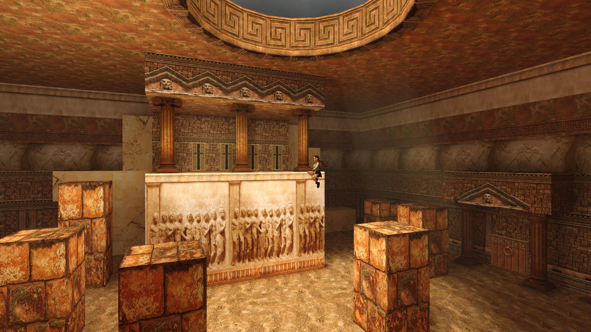 Lara jumping from a square pillar in Palace Midas in the room with Greek letters (omegas and upsilons) and five levers.