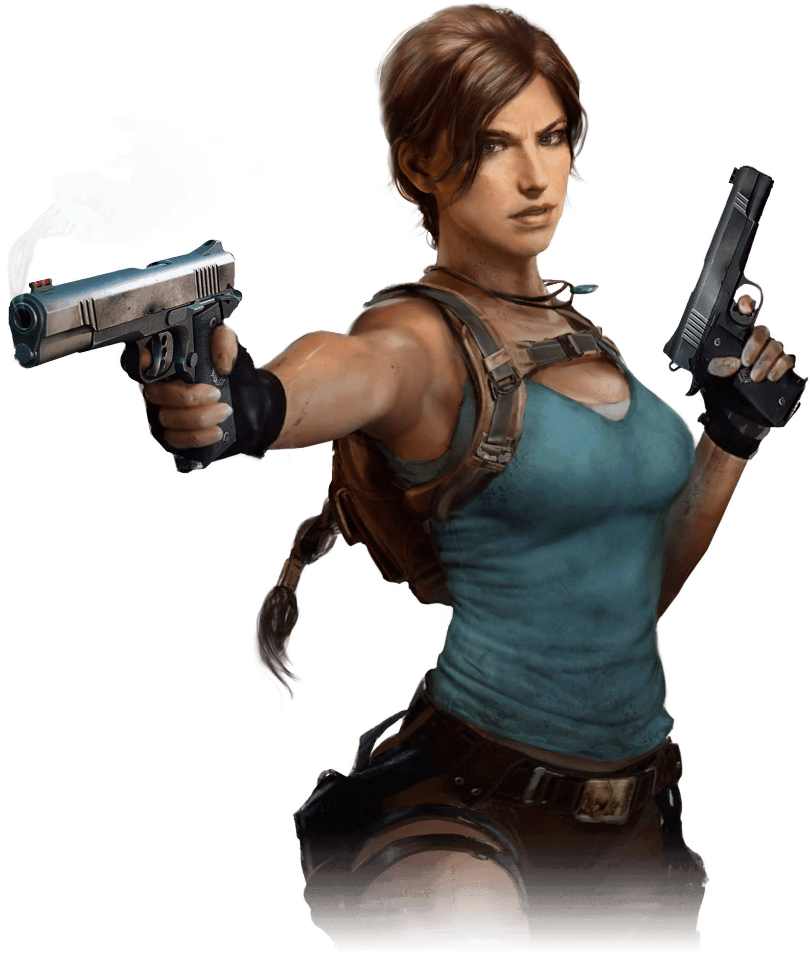 Lara Croft stands with her two pistols drawn, ready for action.