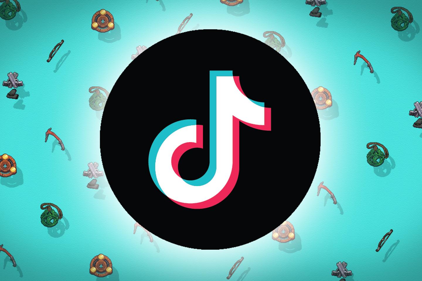 TikTok Logo surrounded by pixel items from Tomb Raider history.
