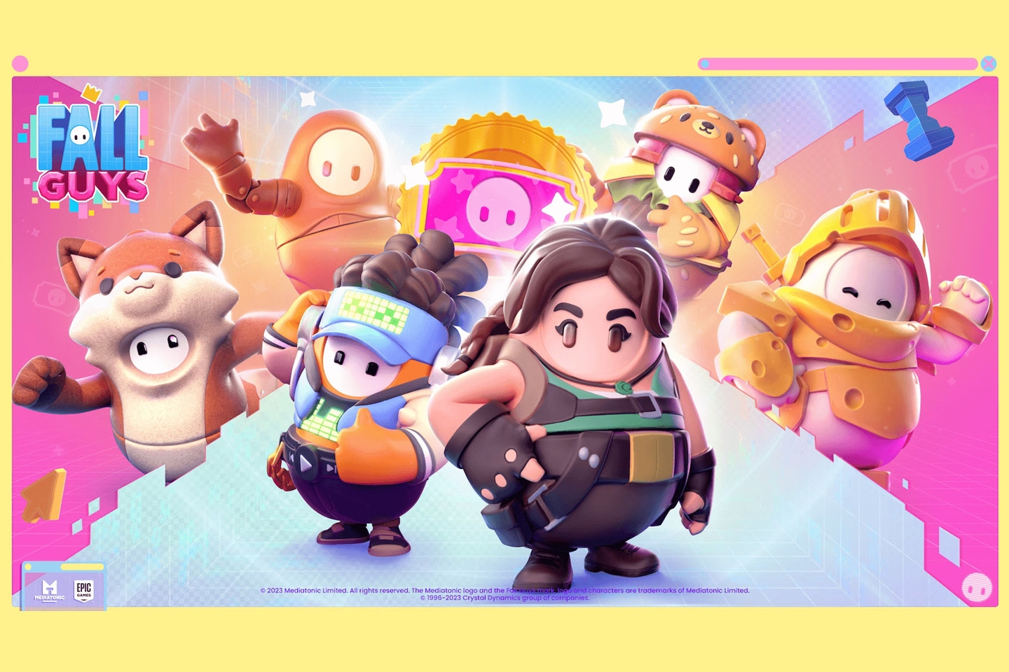 An image of the Fall Guys Season 4 Fame Pass 2 with Lara Croft front and center.