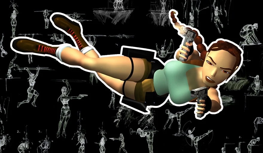 A cutout of Lara Croft in mid-air dual-wielding pistols against a backdrop of skeletal figures.