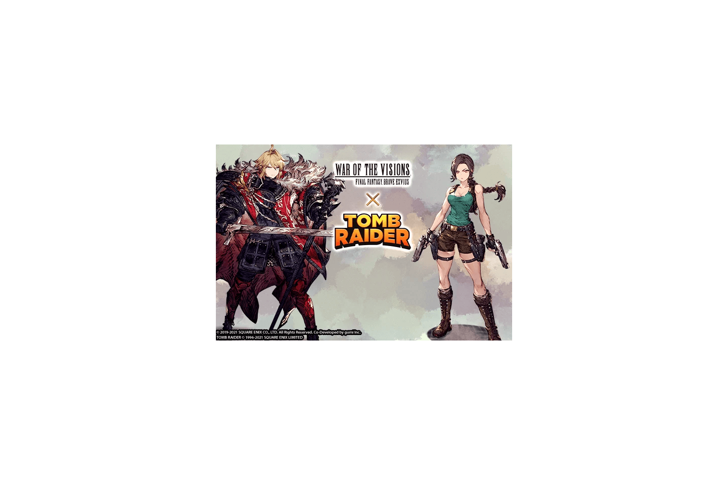 A collaboration banner for "War of the Visions Final Fantasy Brave Exvius" featuring a character from the game alongside Lara Croft from Tomb Raider.