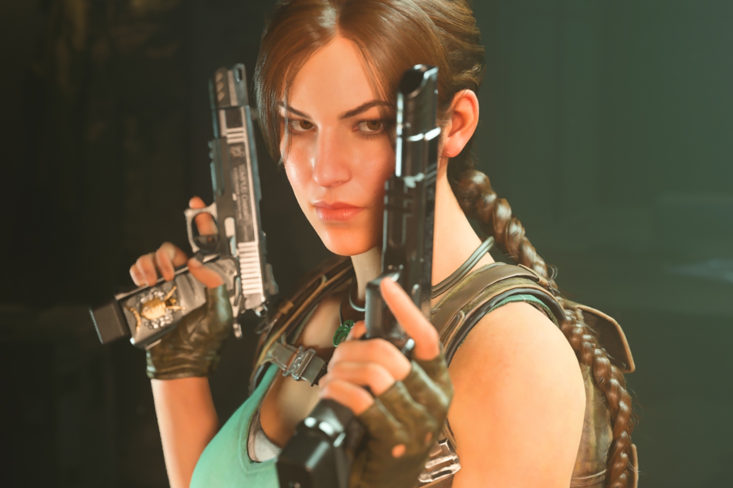 Call of Duty Lara Croft holding her signature dual pistols.