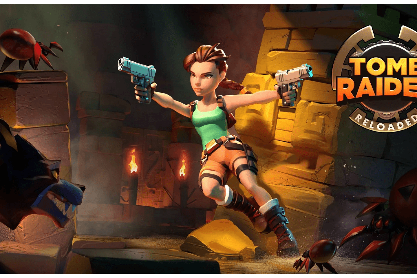 A dynamic promotional image of Lara with dual pistols in a crouched position, set against a backdrop of flames and giant spiders, for "Tomb Raider Reloaded."