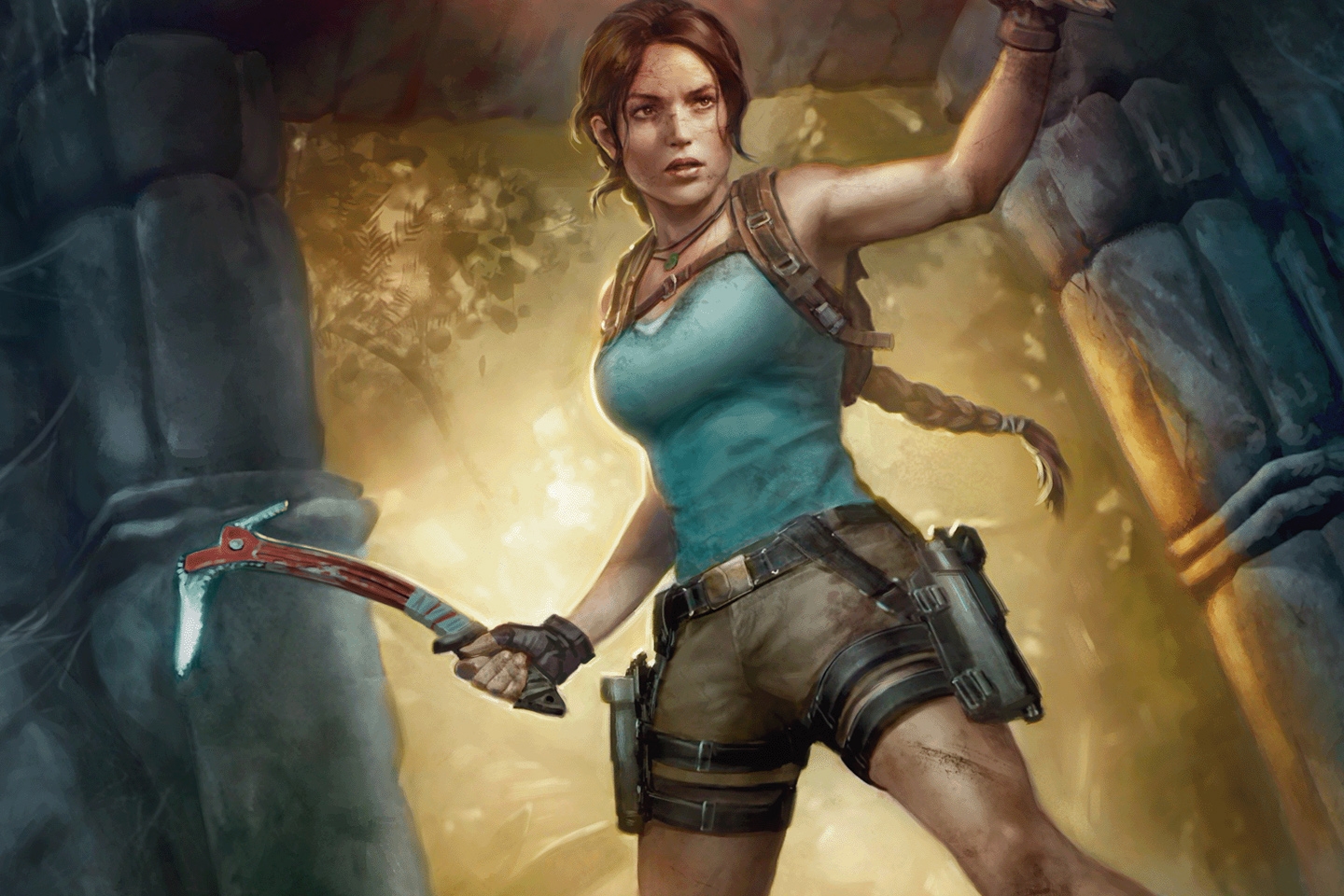 Magic: The Gathering Lara Croft illustration holding her Pickaxe