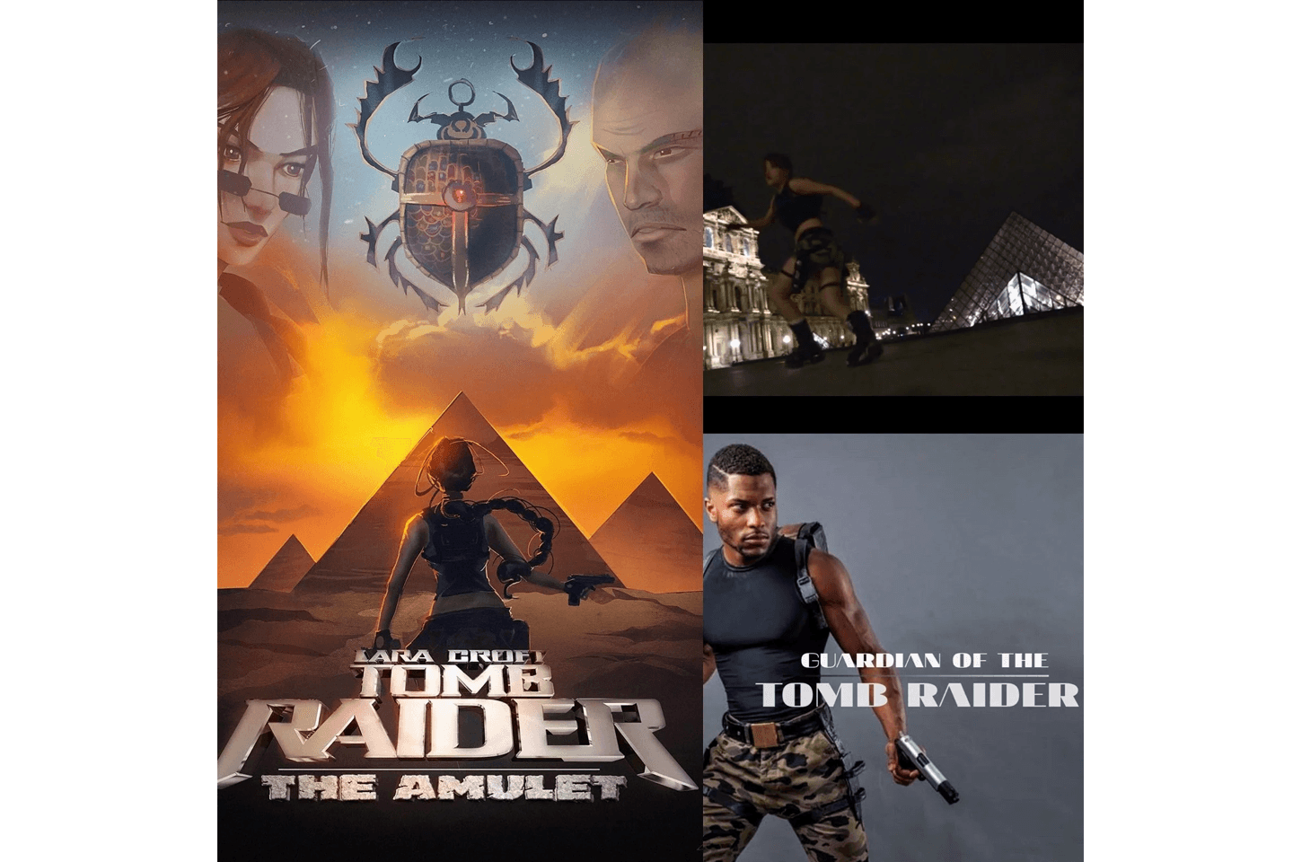 A collage featuring a movie-style poster with Lara Croft and an Ankh in an Egyptian setting, and two smaller images, one of Lara Croft and the other of a male character from 'Guardian of the Tomb Raider.'