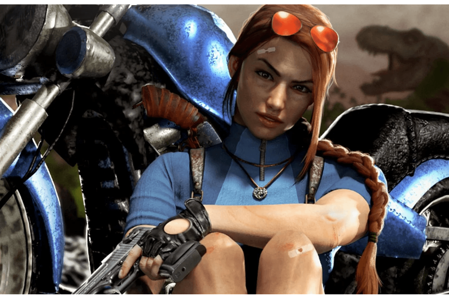 A realistic portrayal of Lara sitting on a motorcycle, with a focused expression, set in a rugged terrain.