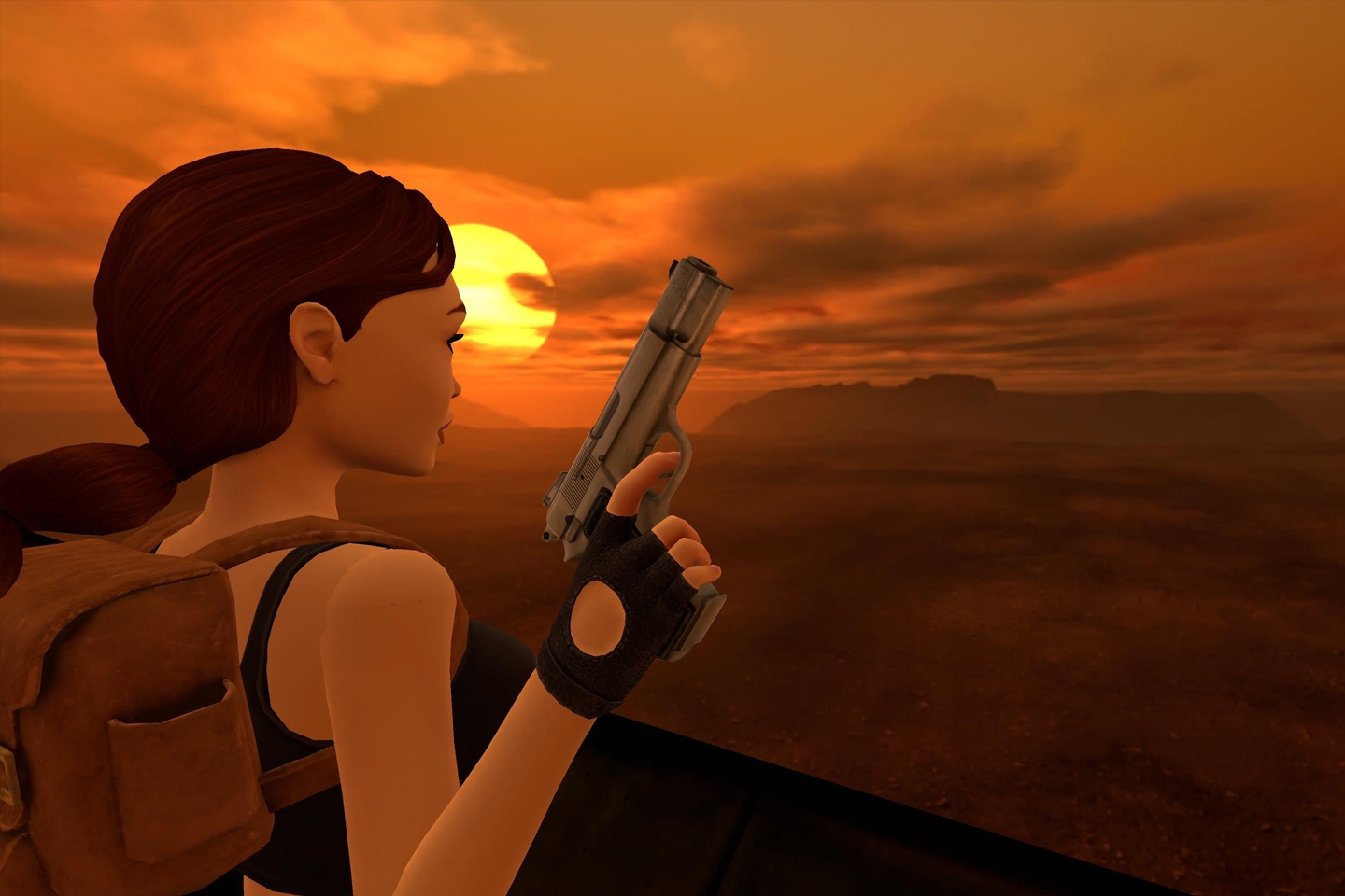 A fan screenshot of Lara standing in front of an orange setting sun.