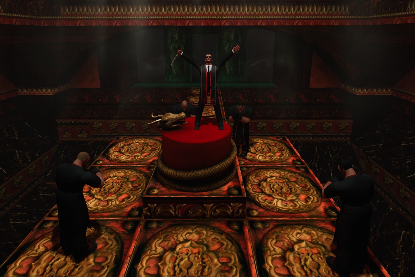 Marco Bartoli holding the Dagger of Xian whilst being worshipped by the Fiamma Nera members.