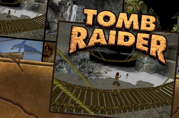 A collage of in-game screenshots from the original "Tomb Raider" game, featuring Lara Croft exploring various ancient and treacherous environments.