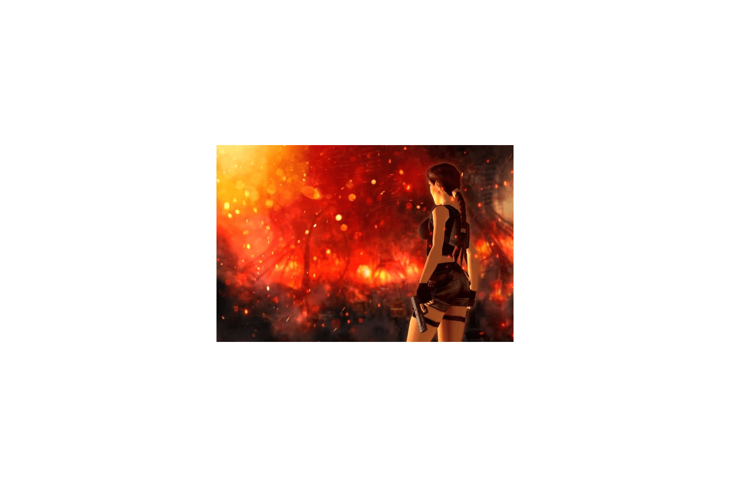 A scene from a Tomb Raider game showing Lara Croft looking out over a fiery landscape, reflecting danger and adventure.