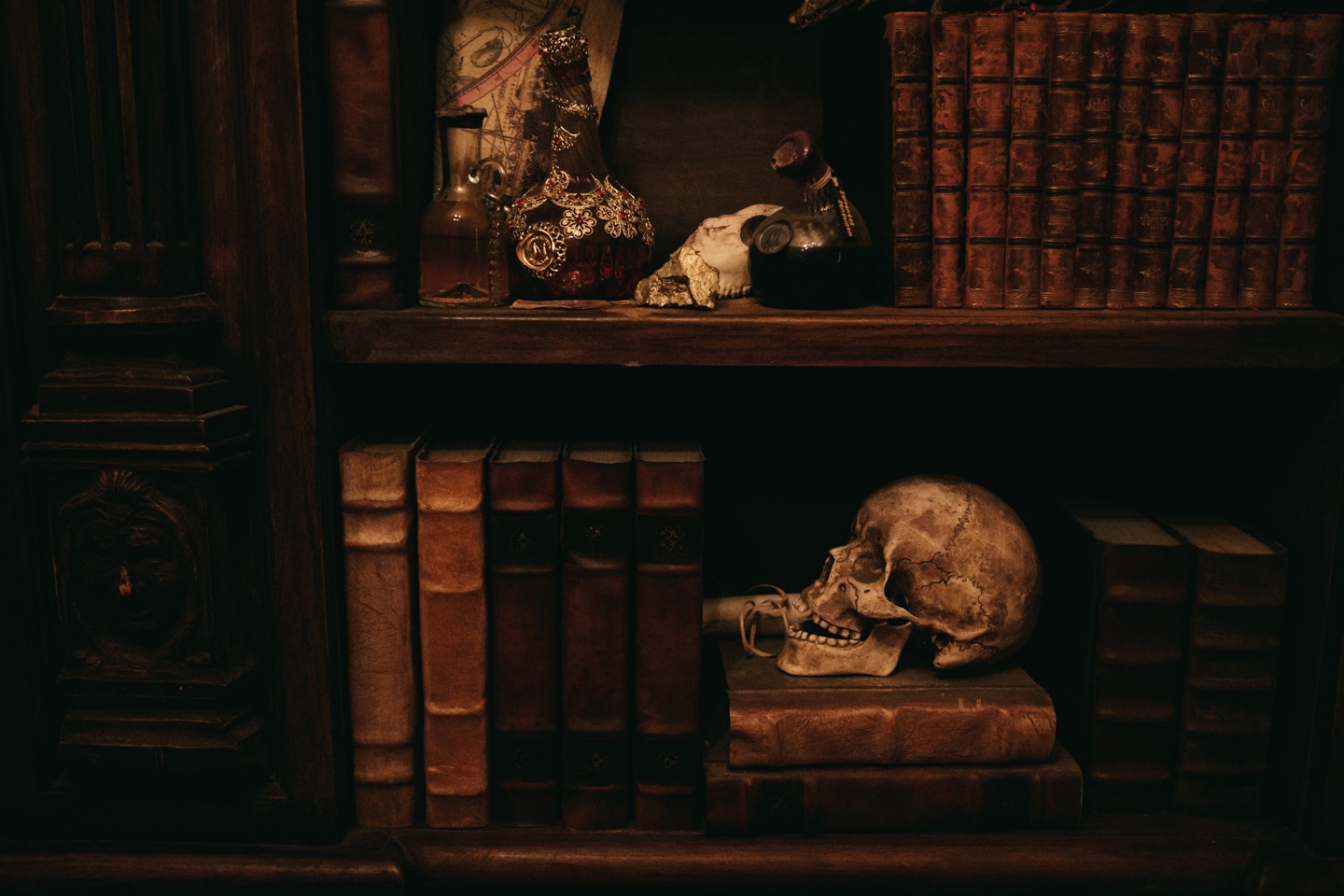 Speculum Alchemiae bookshelf with replica books and skulls
