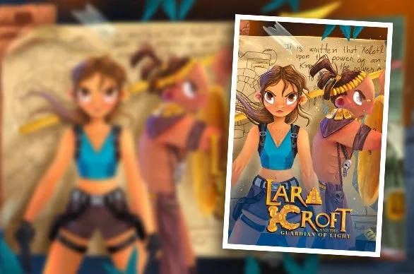 A stylized cartoon artwork of Lara Croft, with a comic book style speech bubble, all part of a "Lara Croft: Guardian of Light" cover art.
