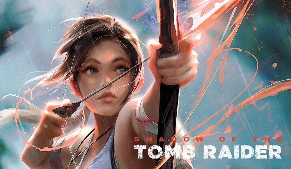 A vibrant promotional artwork for "Shadow of the Tomb Raider" featuring a stylized depiction of Lara Croft drawing an arrow on a bow, with dynamic red and blue streaks in the background.
