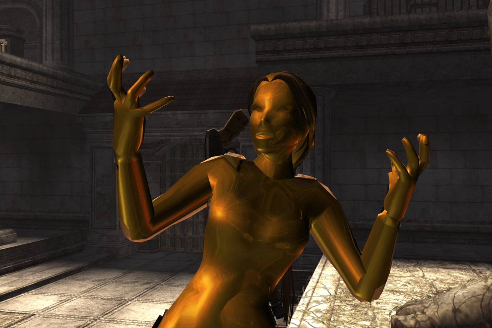 A screenshot of Lara Croft turning to gold in Tomb Raider: Anniversary.