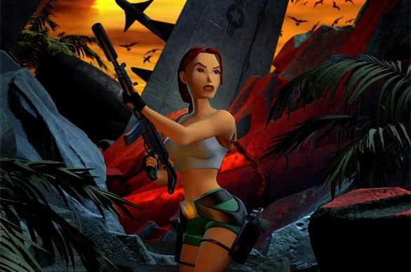 Lara Croft in a tropical setting, holding a shotgun, with an ominous, red-tinted sky and bats in the background.
