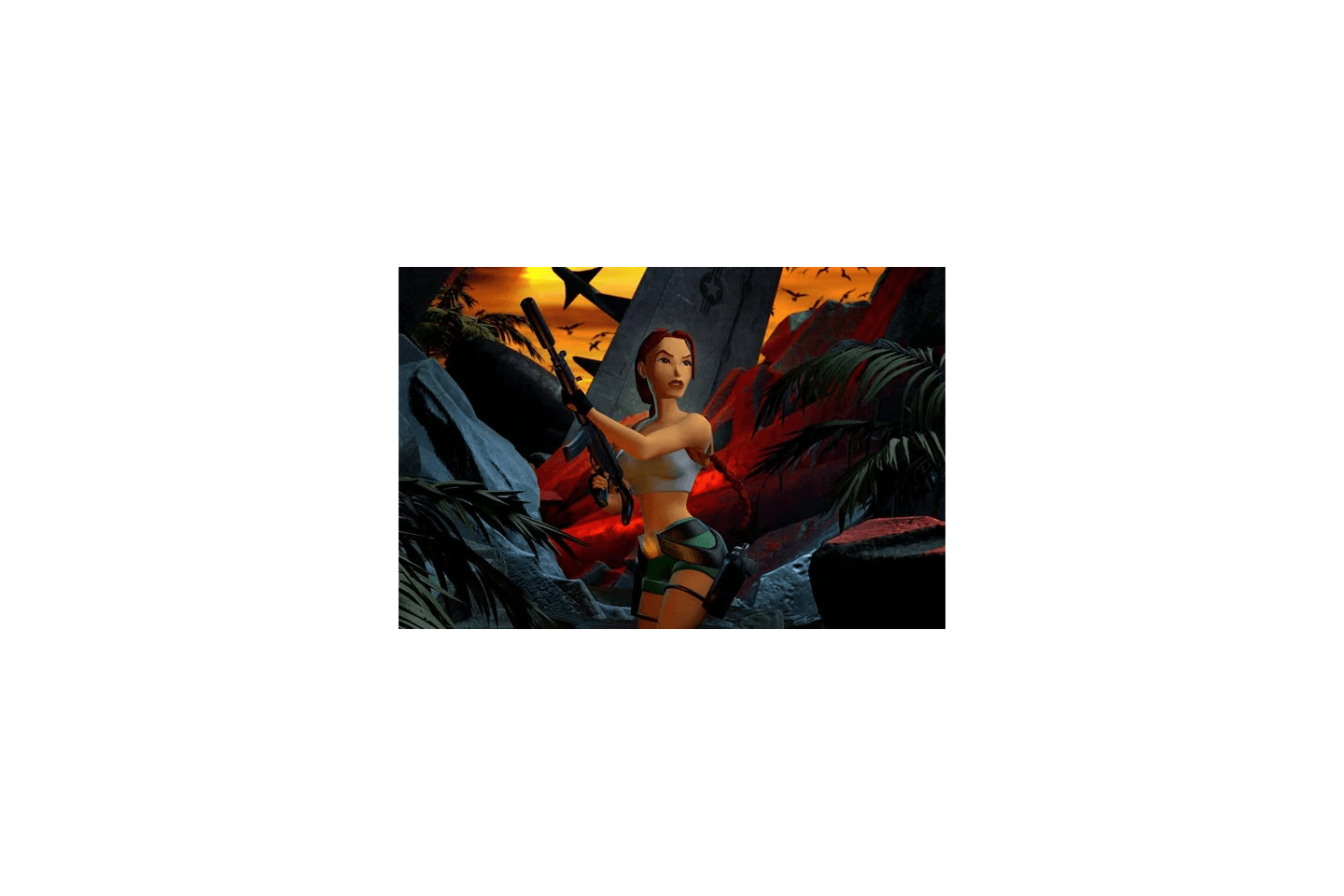 Lara Croft in a tropical setting, holding a shotgun, with an ominous, red-tinted sky and bats in the background.