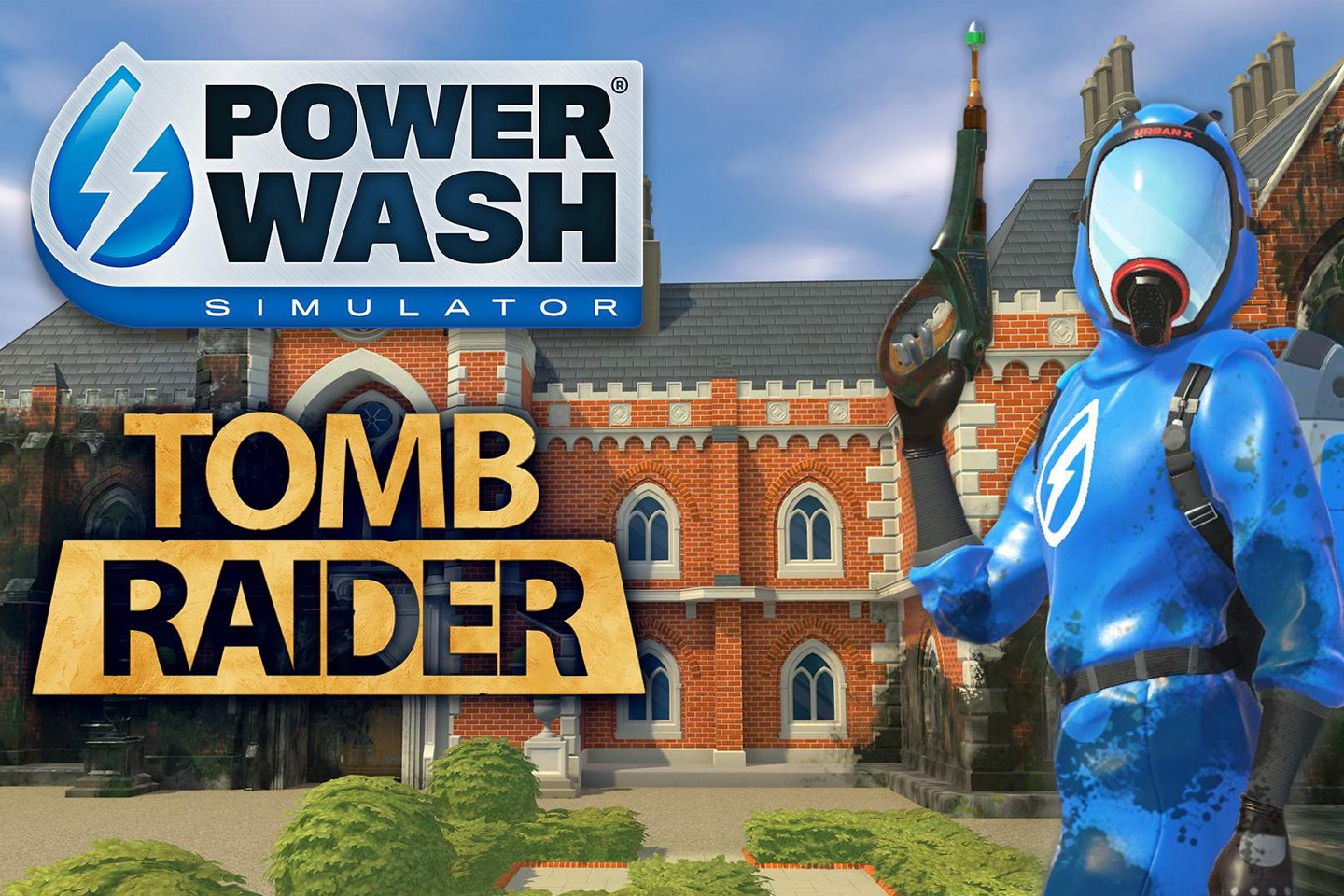 An image of Croft Manor with a person in a blue cleaning suit posing in front of it.