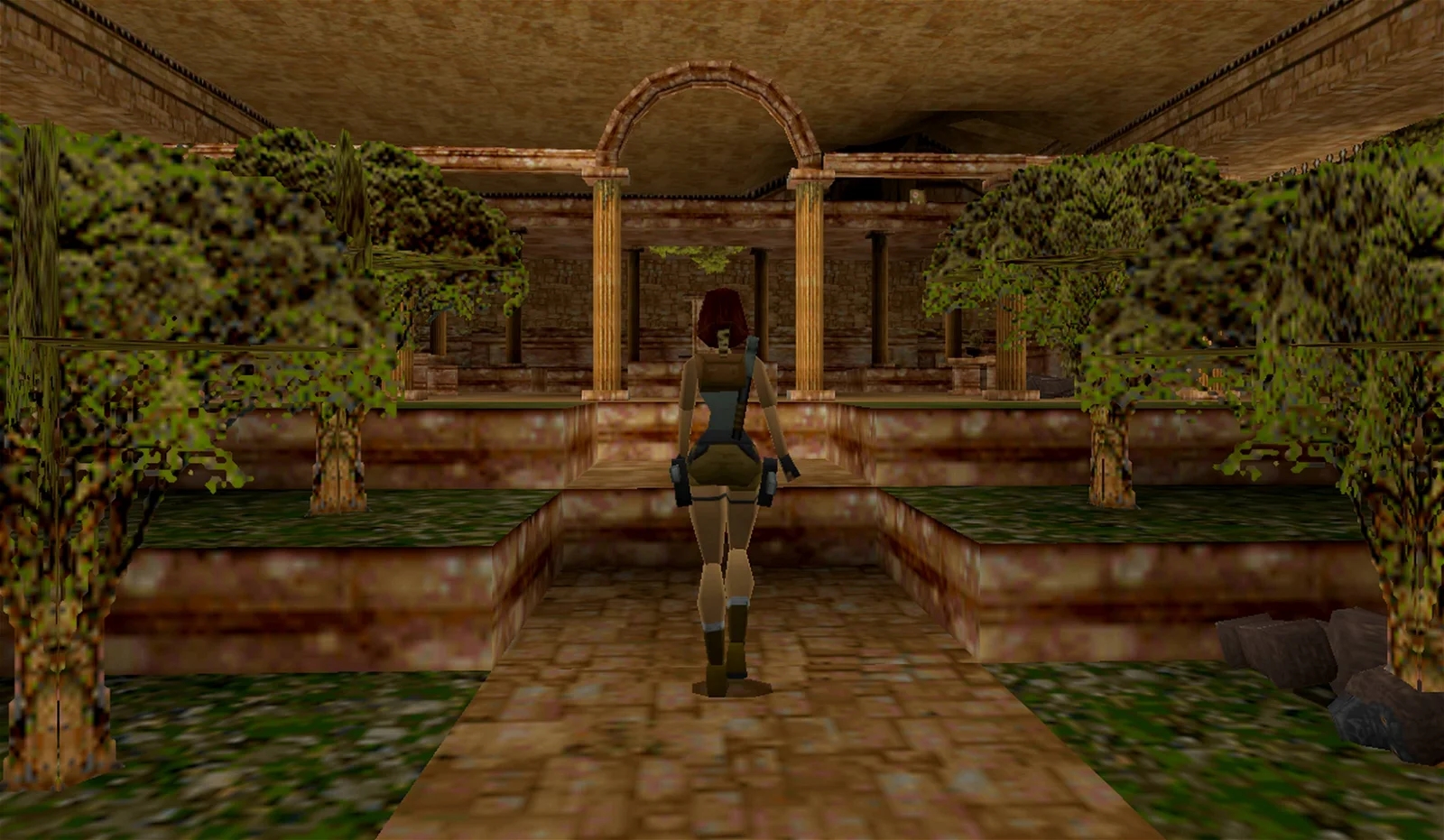 A screenshot showing the character exploring a serene garden with ruins and arches in an old video game graphic style.