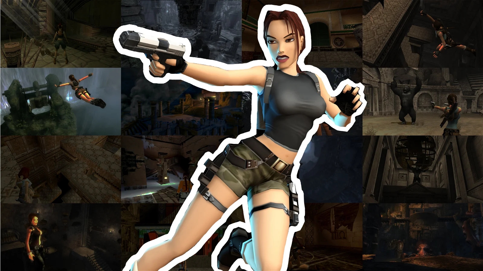 A cut-out image of Lara Croft with dual pistols from Tomb Raider, superimposed over various action scenes from the game.