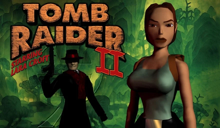 Promotional artwork for "Tomb Raider II" showing Lara Croft and a shadowy male figure against a jungle background.