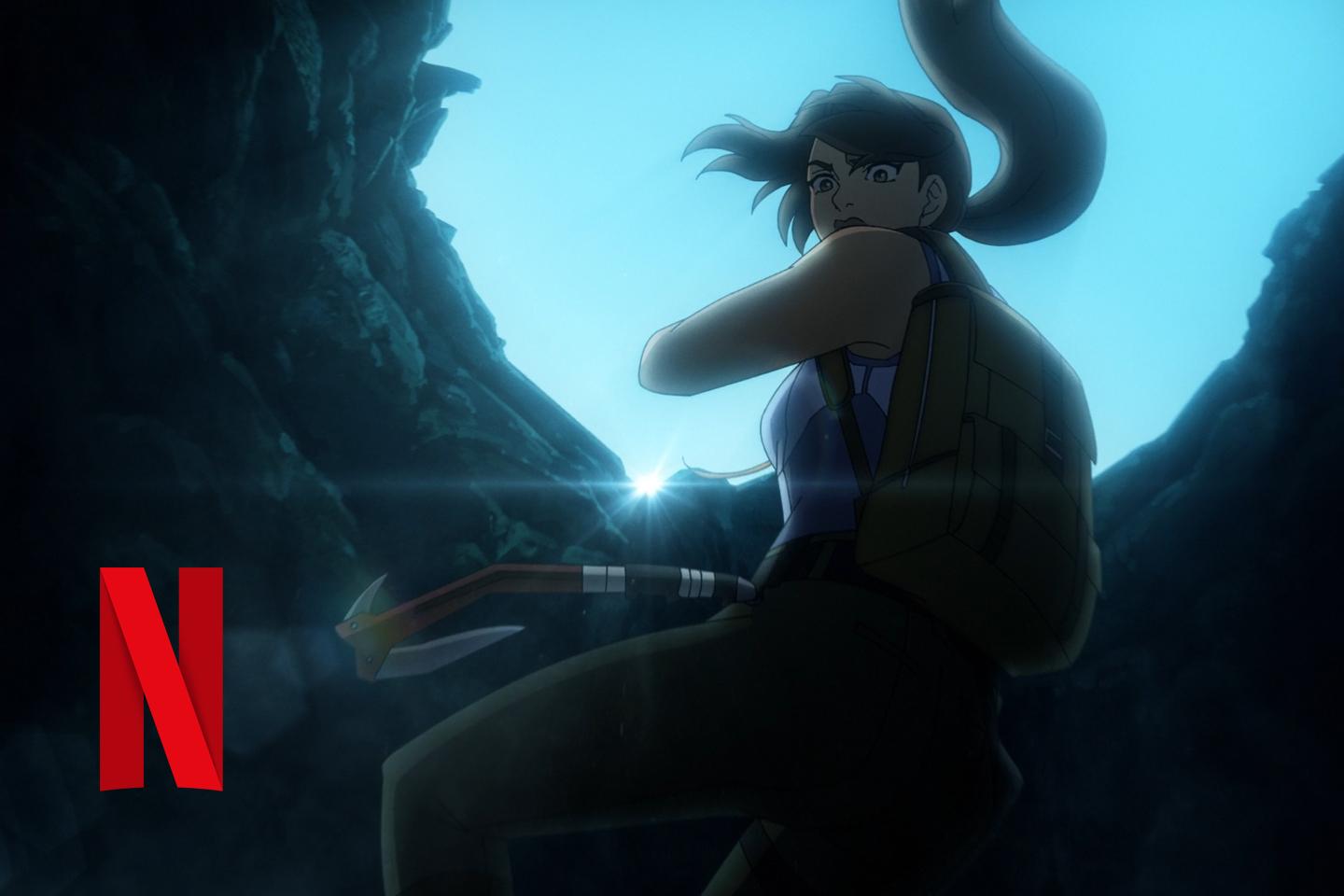 Netflix logo on a still image of Lara Croft entering a cave.