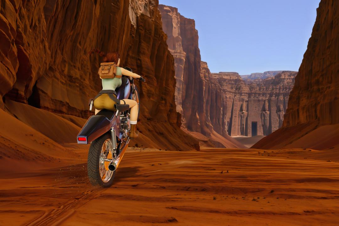 Lara Croft in Egypt on her Norton Streetfighter motorcycle