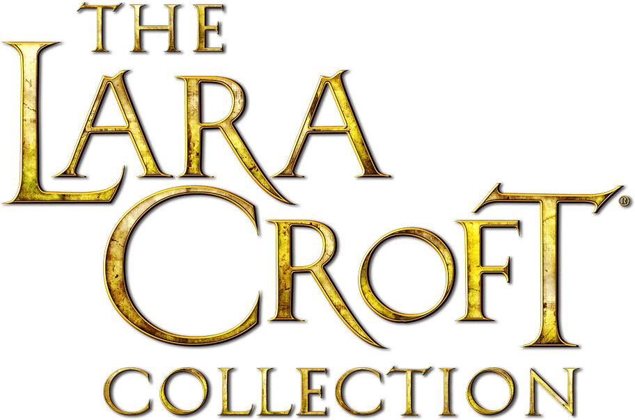 The gold-text logo of 'The Lara Croft Collection' set on a black background, with intricate script and a stylized figure.