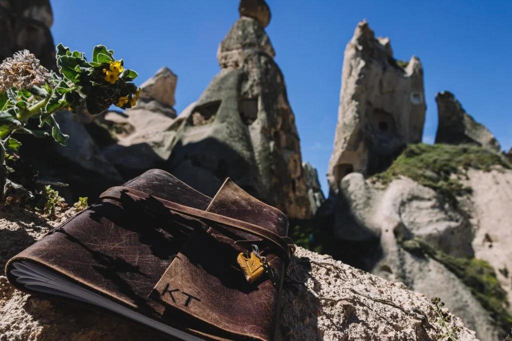 A photograph of a weathered leather journal marked "KT" resting on a rocky ledge with unique, pointed rock formations in the background.