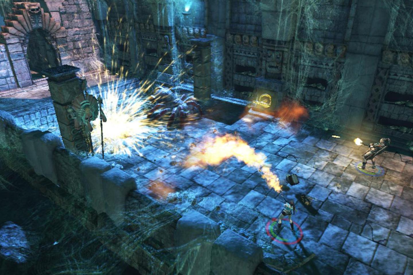 A high-energy scene from a Tomb Raider game with characters fighting a giant spider on a temple ruin, using flamethrowers and magical abilities.