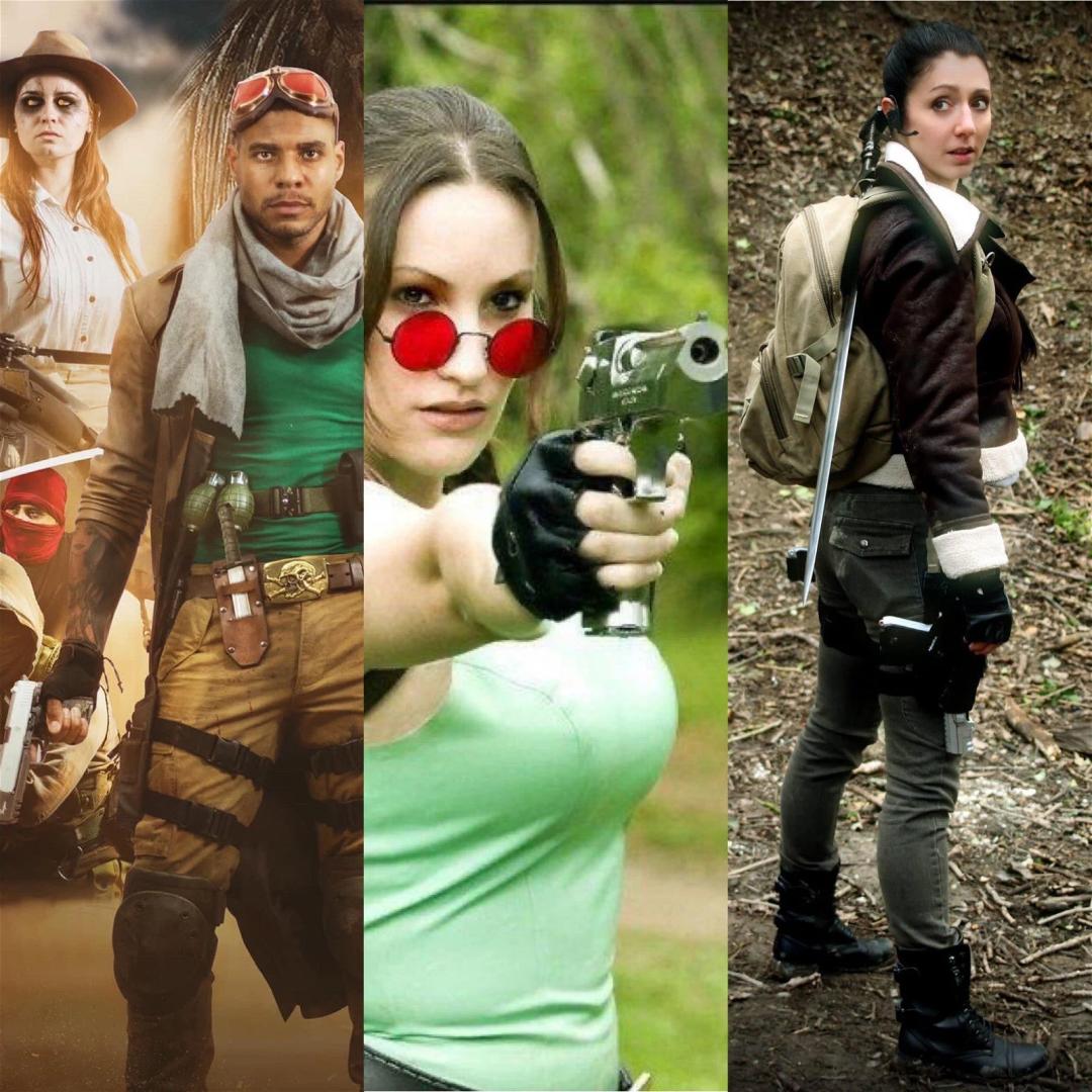 A collage of three individuals posing as characters from Tomb Raider, including a man with a scarf and a woman aiming a gun.