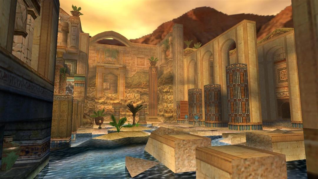 An in-game screenshot of an ancient Egyptian-themed environment with waterways and ruins under a warm sunset sky.