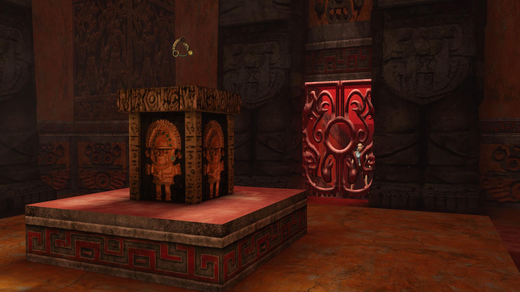 Lara Croft in the Tomb of Qualopec, looking at his Scion piece trhough the closed gate