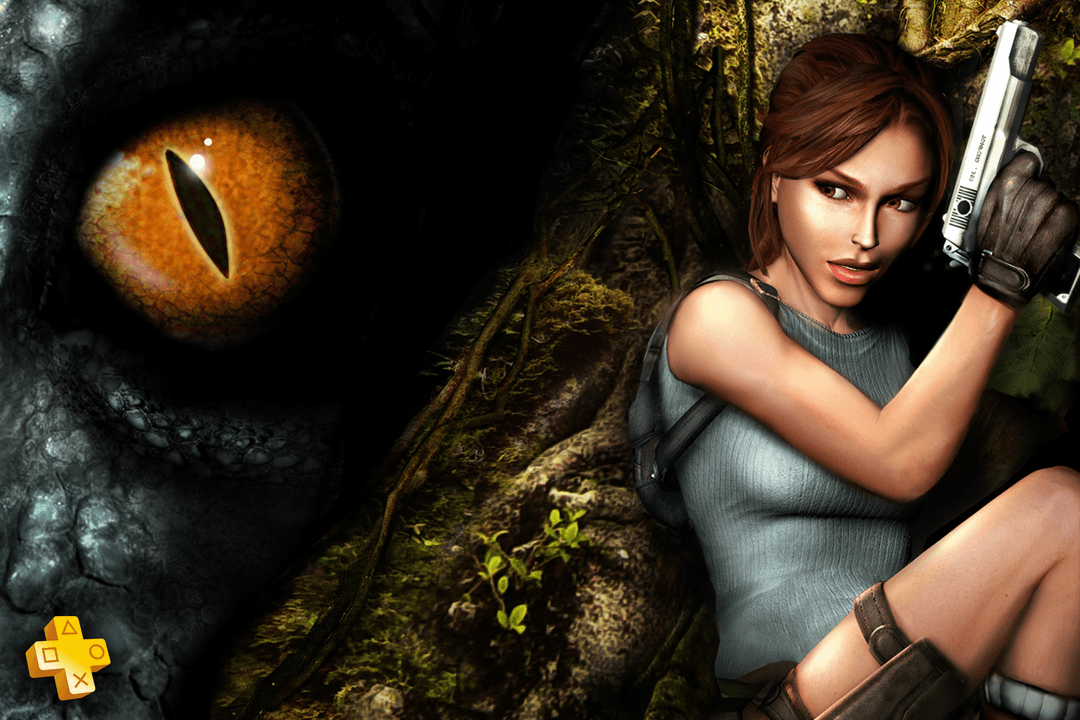 Close-up of a reptilian eye beside Lara Croft holding a pistol in a jungle, highlighting danger and exploration.