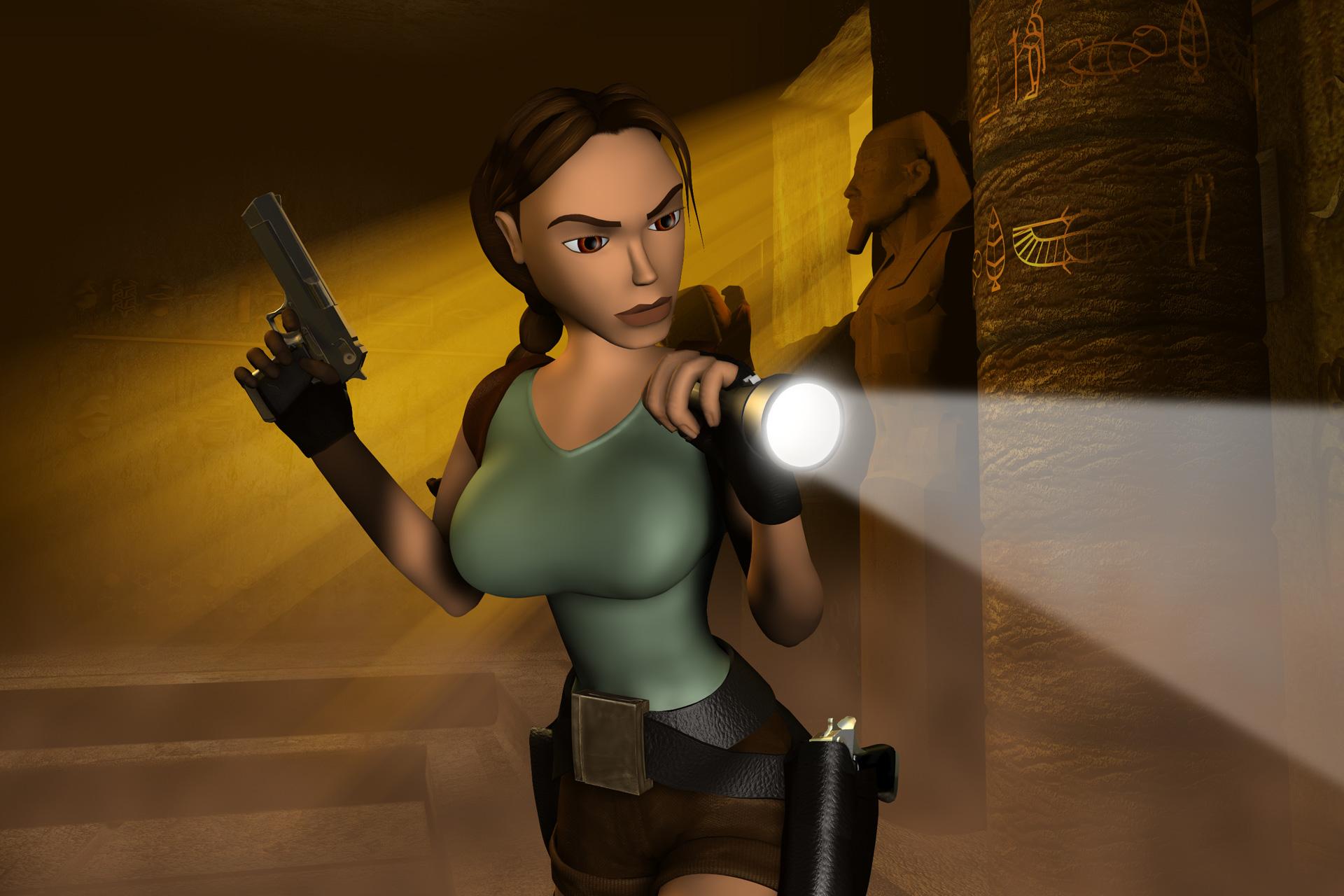 An image of Lara Croft in an Egyptian tomb holding her pistol and a flashlight. 