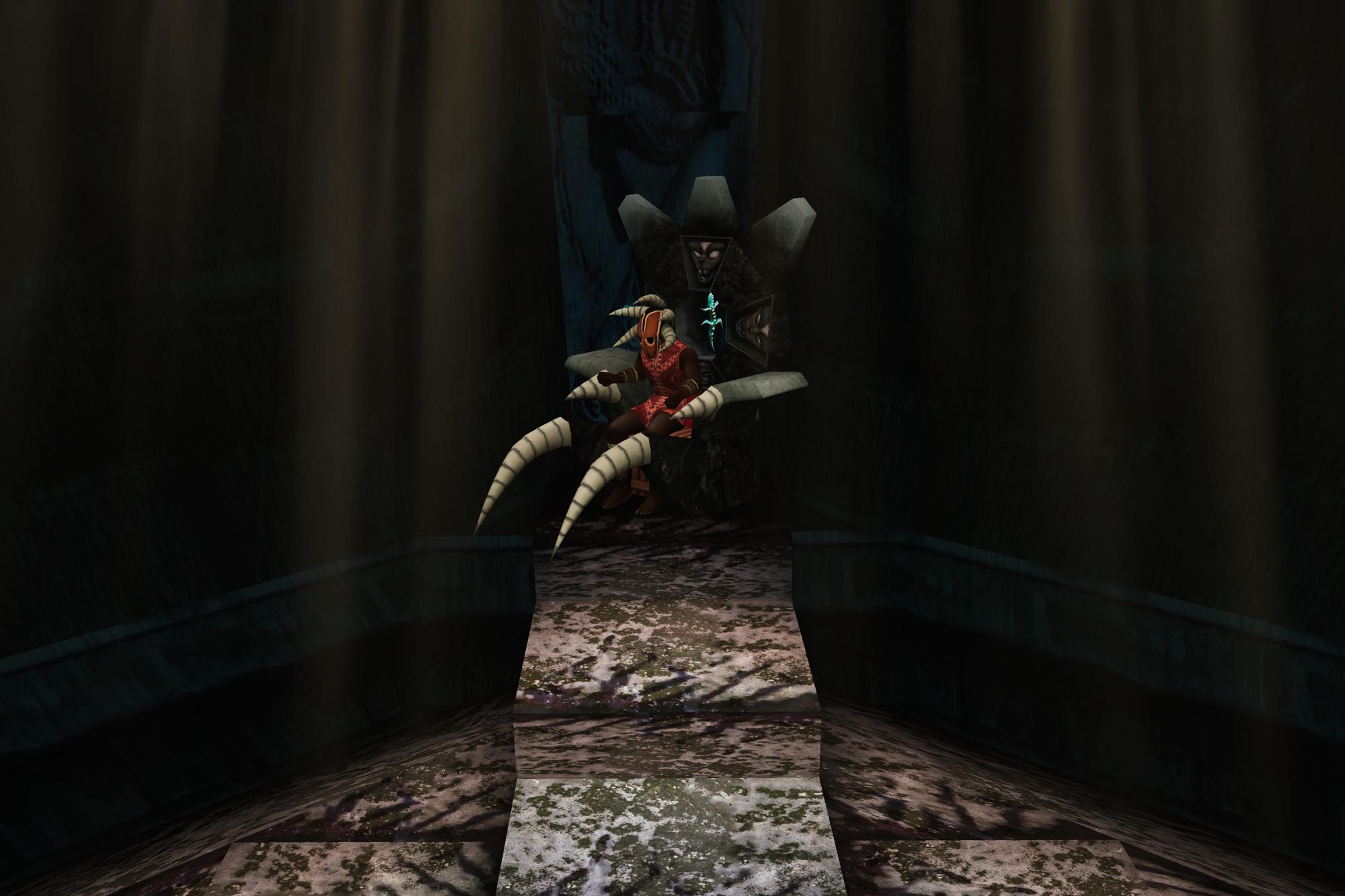 Puna sitting on his throne with the Ora Dagger in the Temple of Puna