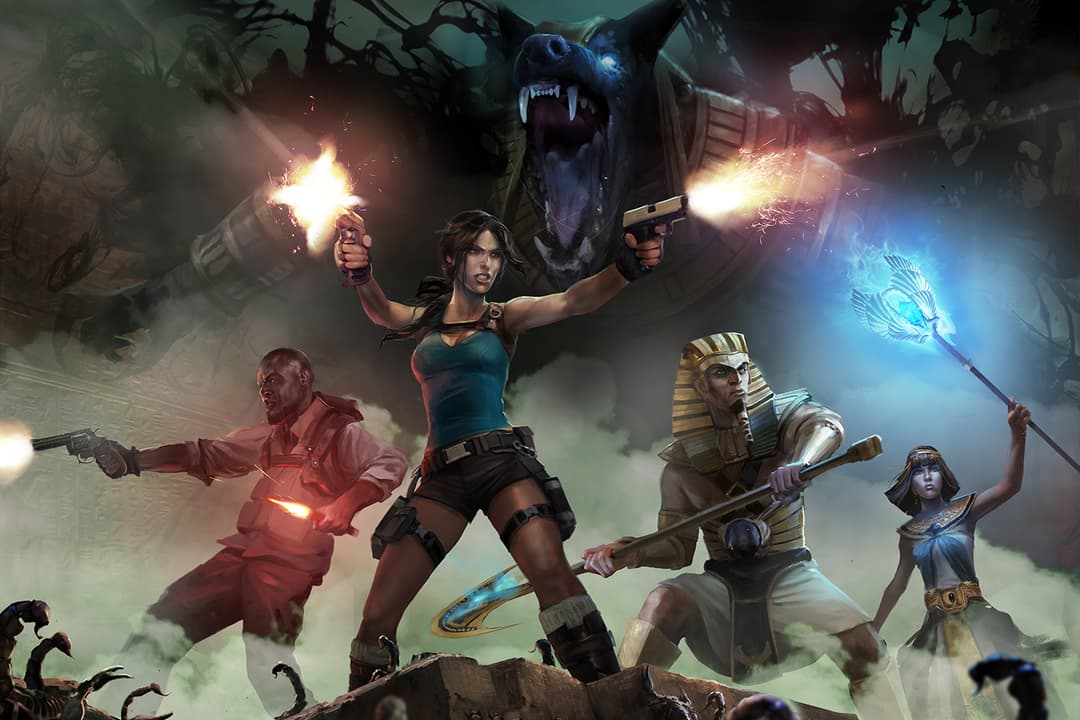 Dramatic Tomb Raider promotional key art featuring four heroes standing together in a battle-ready pose against a dark, smoky, ruins-filled background. At the center is Lara Croft, depicted in her classic look with dark ponytail, teal tank top, brown shorts, and knee pads, dual-wielding pistols with both guns firing. To her left stands a muscular man in a red shirt firing a revolver with a red energy flash. To her right is a warrior dressed in an ancient Egyptian pharaoh's nemes headdress and armor, wielding a large staff. Furthest right is a young woman in Egyptian-style robes raising a glowing blue magical scepter. Looming behind the group is a massive snarling black wolf-like creature with bared fangs, emerging from the darkness. Scorpion claws and twisted dark tree branches frame the edges of the composition, reinforcing the supernatural danger the heroes face.