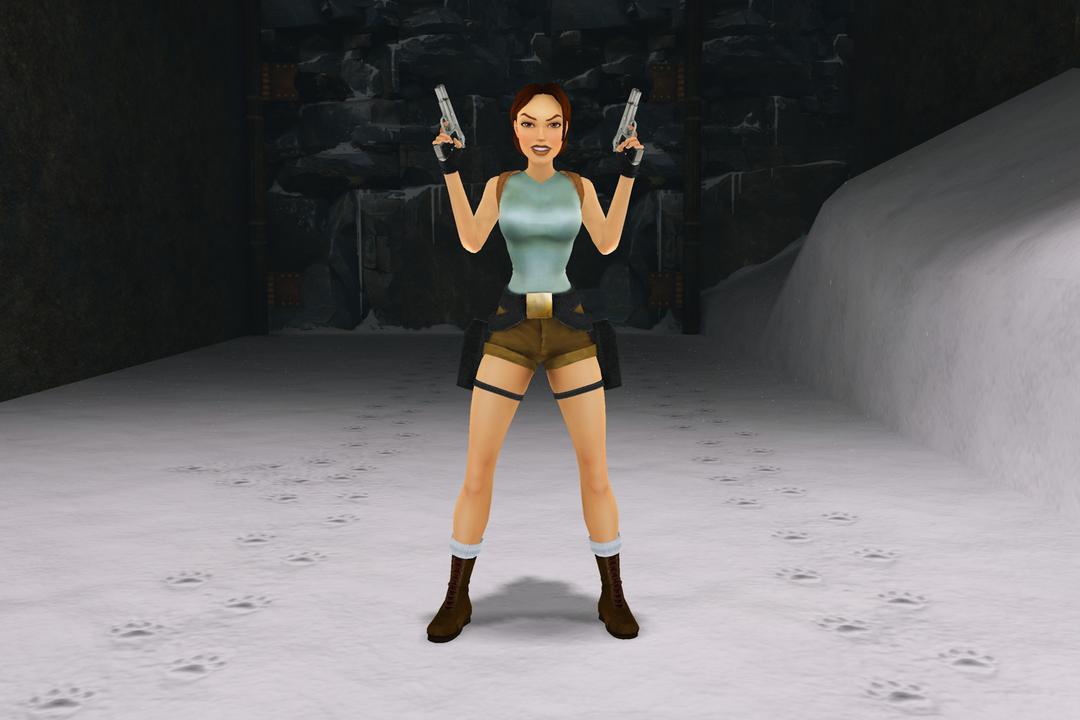 Lara Croft at the starting point of the Caves level, holding her dual pistols.