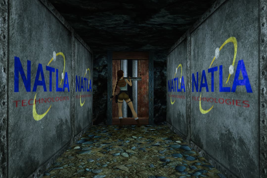 Lara in Natla's Mines pulling a lever sourrounded by Natla Technologies crates